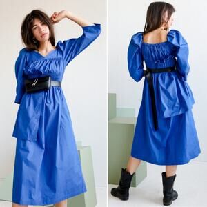 NWT House of Sunny Posy Puff Sleeve Ruffle Midi Dress Intense Blue Size 4
